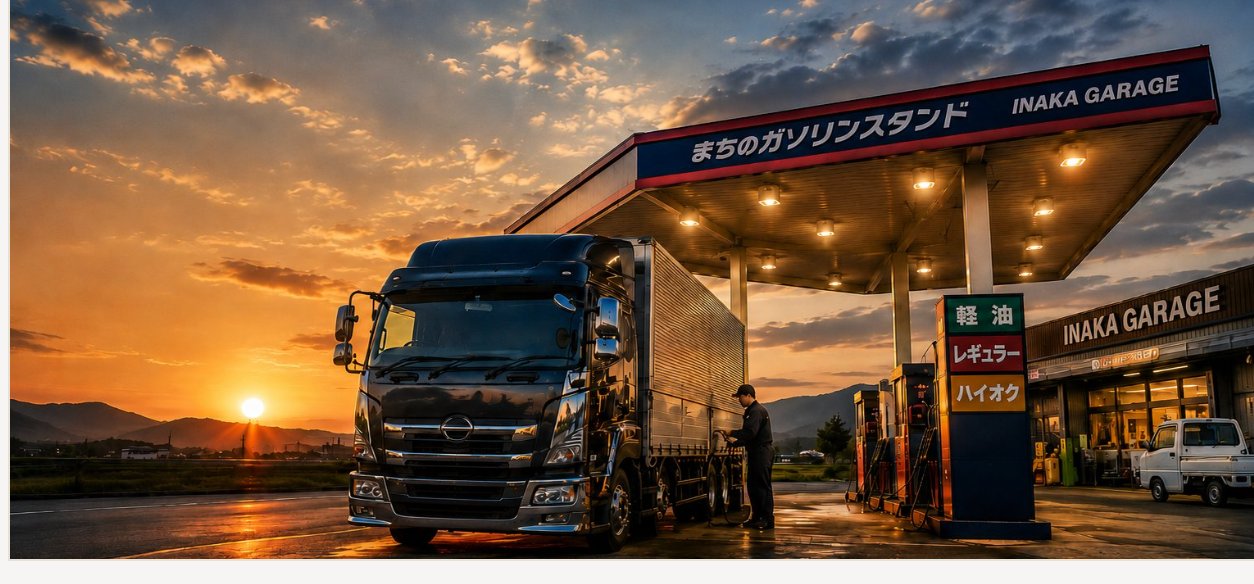 熊本県山鹿市のまちのガソリンスタンド — 夕暮れの大型トラックと給油スタンド